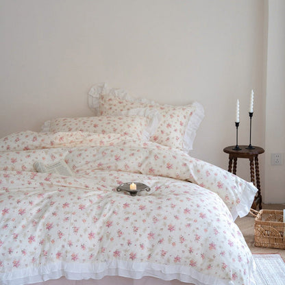 Annie Lace Ruffle Floral Bedding Set / Cream Blue