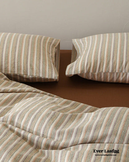Ava Vintage Striped Cotton Bedding Set / Beige Striped