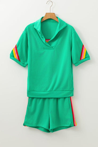 Luxury Rainbow Colorblock Collared Short Sleeve Top 2 Piece Shorts Set