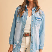 Beau Blue Light Wash Distressed Frayed Long Denim Jacket