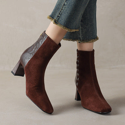 Women's Sheepskin Square Toe Chunky Heel Ankle Boots – Korean Patchwork Style