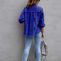 Distressed Drop Shoulder Fringe Denim Jacket Cotton Blend