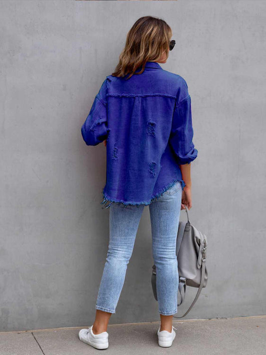 Distressed Drop Shoulder Fringe Denim Jacket Cotton Blend