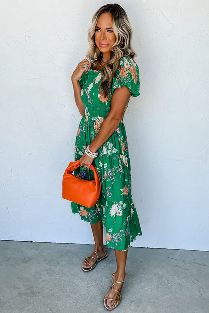 Luxury Floral Print Bubble Sleeve Smocked Tiered Midi Dress