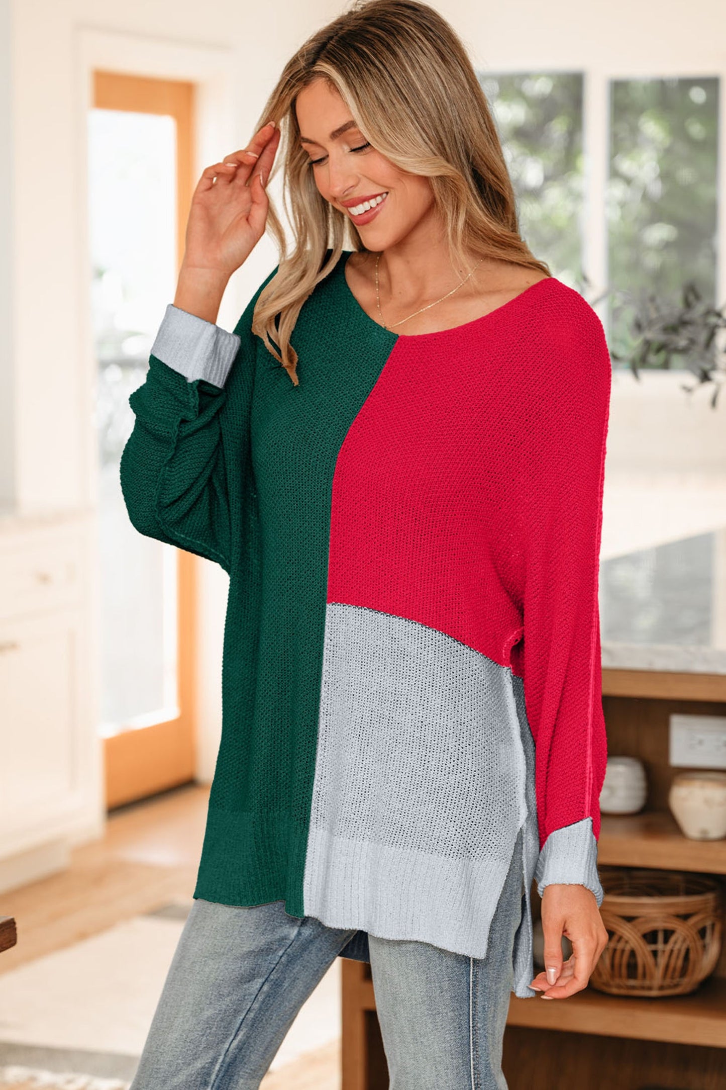 Color Block Knit V-Neck Loose Sweater