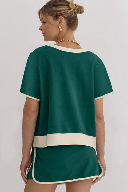 Luxury Colorblock Edge Drop Shoulder T Shirt and Skort Set