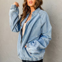 Myosotis Denim Jacket Zip Up With Elastic Hem Raglan Sleeves