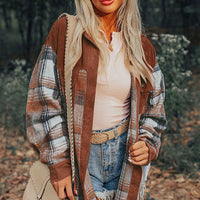 Cinnamon Plaid Corduroy Patchwork Shacket With Pockets