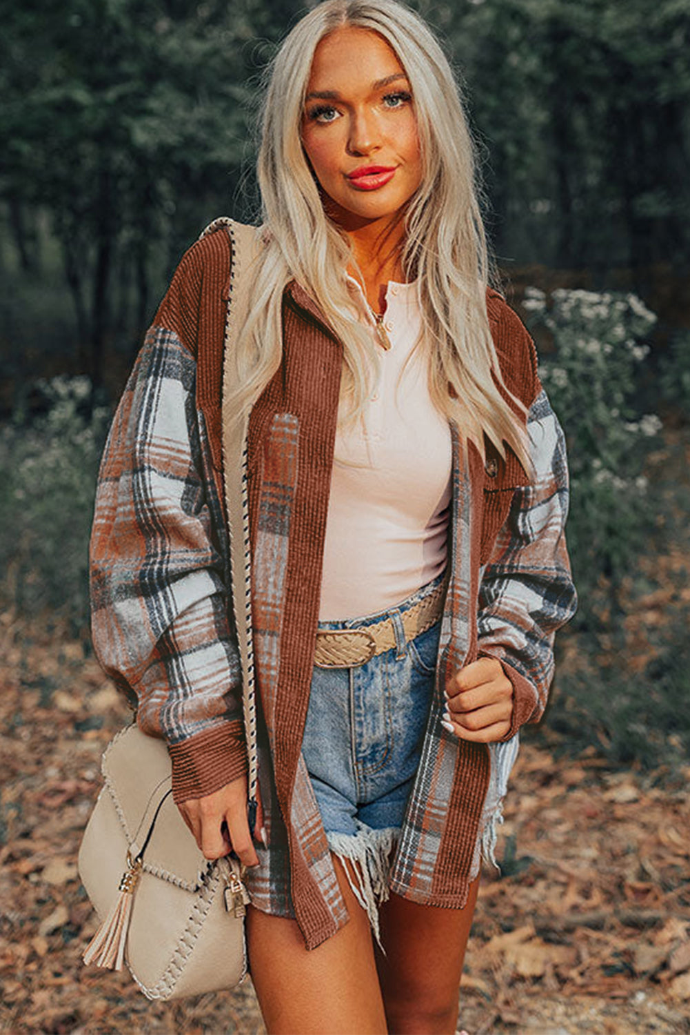 Cinnamon Plaid Corduroy Shacket with Patchwork Pockets for Effortless Style