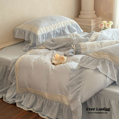 Beatrice Rose Lace Ruffle Bedding Set / Blue