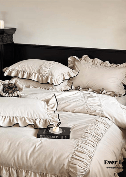Beige Black Trim Ruffle Bedding Set