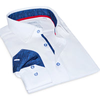 Ron// Cotton Knit-Stretch Button-Up Shirt With Contrast Details // White // Tailored Fit (Fitted)