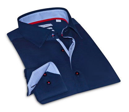 Paul// Cotton Knit-Stretch Button-Up Shirt With Contrast Details // Navy // Tailored Fit (Fitted)