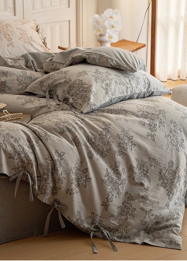 Bonnie Ribbon Bow Tie Floral Bedding Set / Light Gray