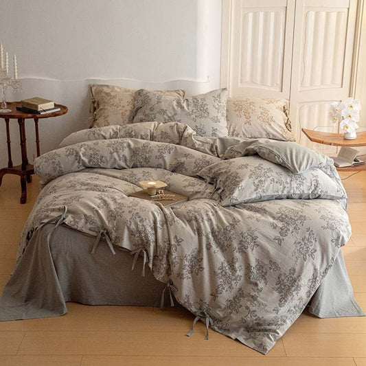 Bonnie Ribbon Bow Tie Floral Bedding Set / Light Gray
