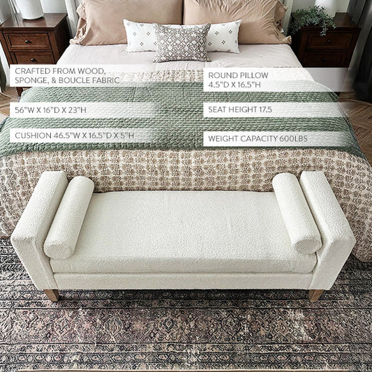 56 Inch Modern Boucle Accent Bench with Round Pillows