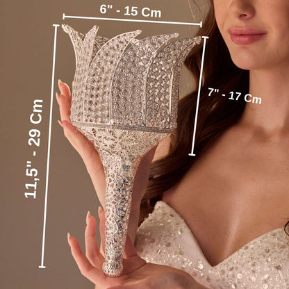 Luxury Quinceañera & Wedding Bouquet Holder – Silver Carved Flowers & Crystal Stones