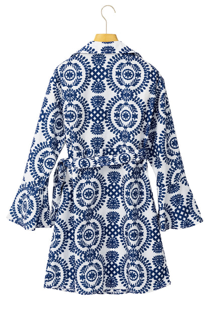 Blue Floral Print V-Neck Knot Long Sleeve Midi Dress