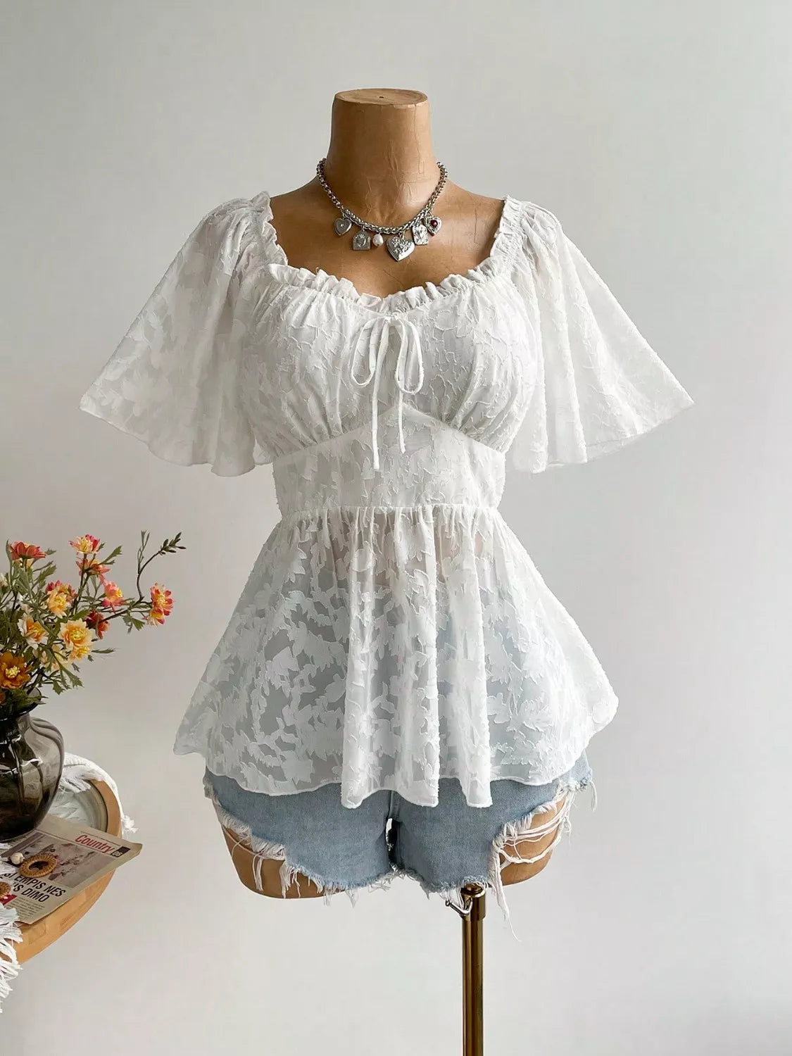 Plus Size Floral Flutter Sleeve Blouse with Smocked Back