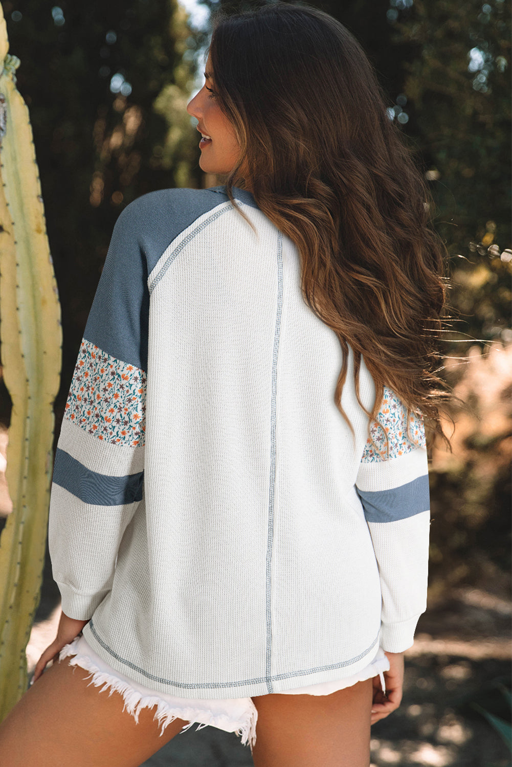 White Floral Patchwork Waffle Knit Raglan Women's Top