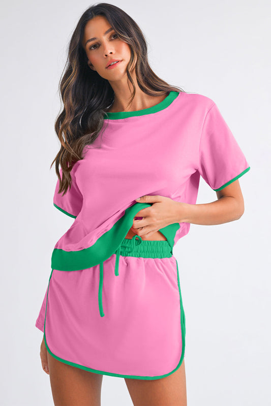Luxury Colorblock Edge Drop Shoulder T Shirt and Skort Set