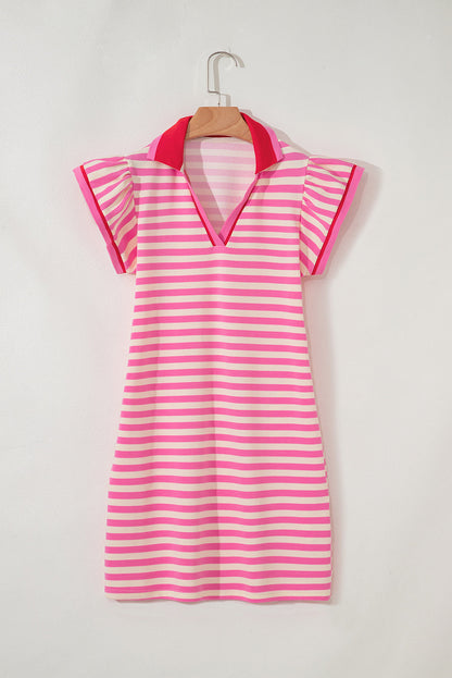 Stripe Flutter Sleeve Contrast Collar Mini Dress