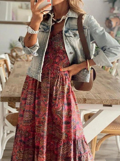 Full Size Smocked Printed V-Neck Dress for Effortless Style