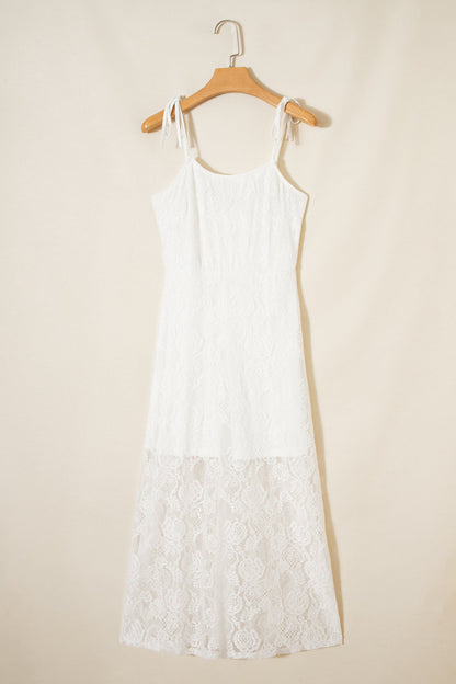White Tie Spaghetti Straps Floral Lace Overlay Long Dress
