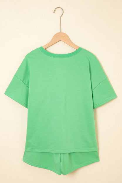V-Neck Drop Shoulder Tee & Patchwork Drawstring Shorts Set