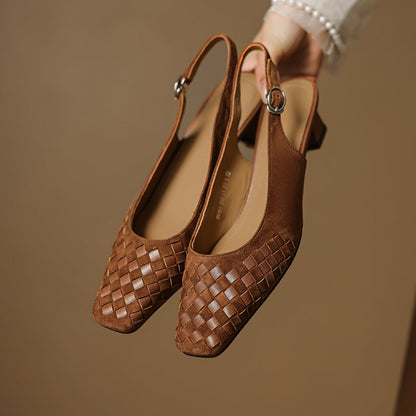 Women's Handmade Suede Woven Slingback Block Heel Sandals – Square-Toe Buckle Dress Shoes