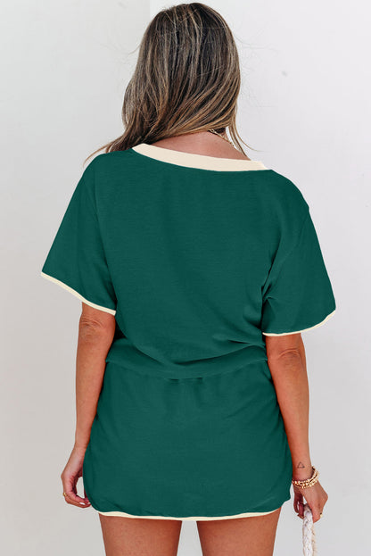 Luxury Colorblock Edge Drop Shoulder T Shirt and Skort 2Pcs Set
