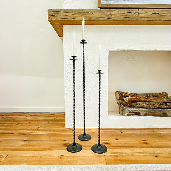 Tall Hand-Forged Cast Iron Floor Candle Holders, Set of 3