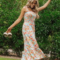 Caribbean Green Floral Smocked Maxi Dress-FINAL SALE