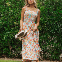 Caribbean Green Floral Smocked Maxi Dress-FINAL SALE