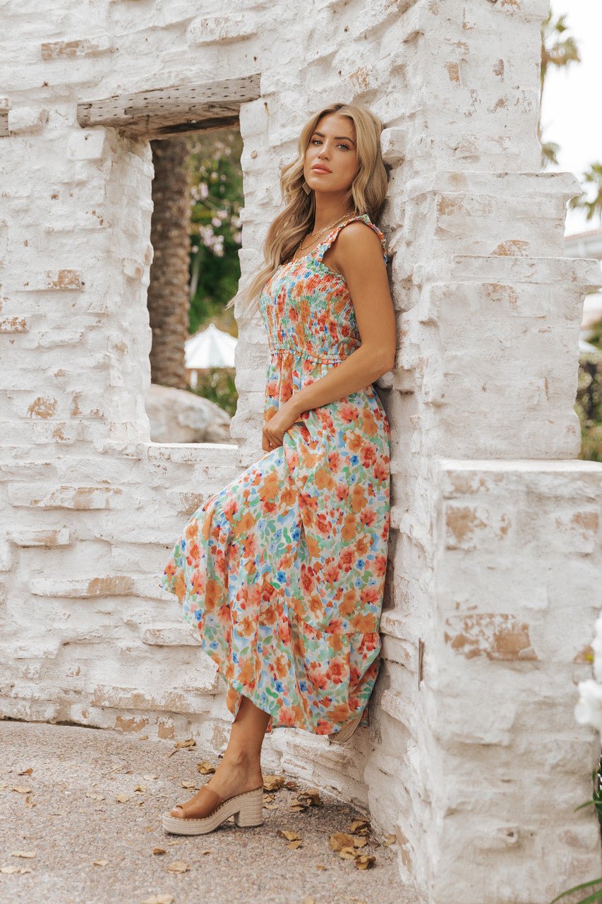Caribbean Green Floral Smocked Maxi Dress-FINAL SALE