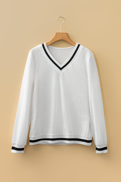 White Textured Knit Preppy Striped Trim V Neck Pullover Waffle Women's Top