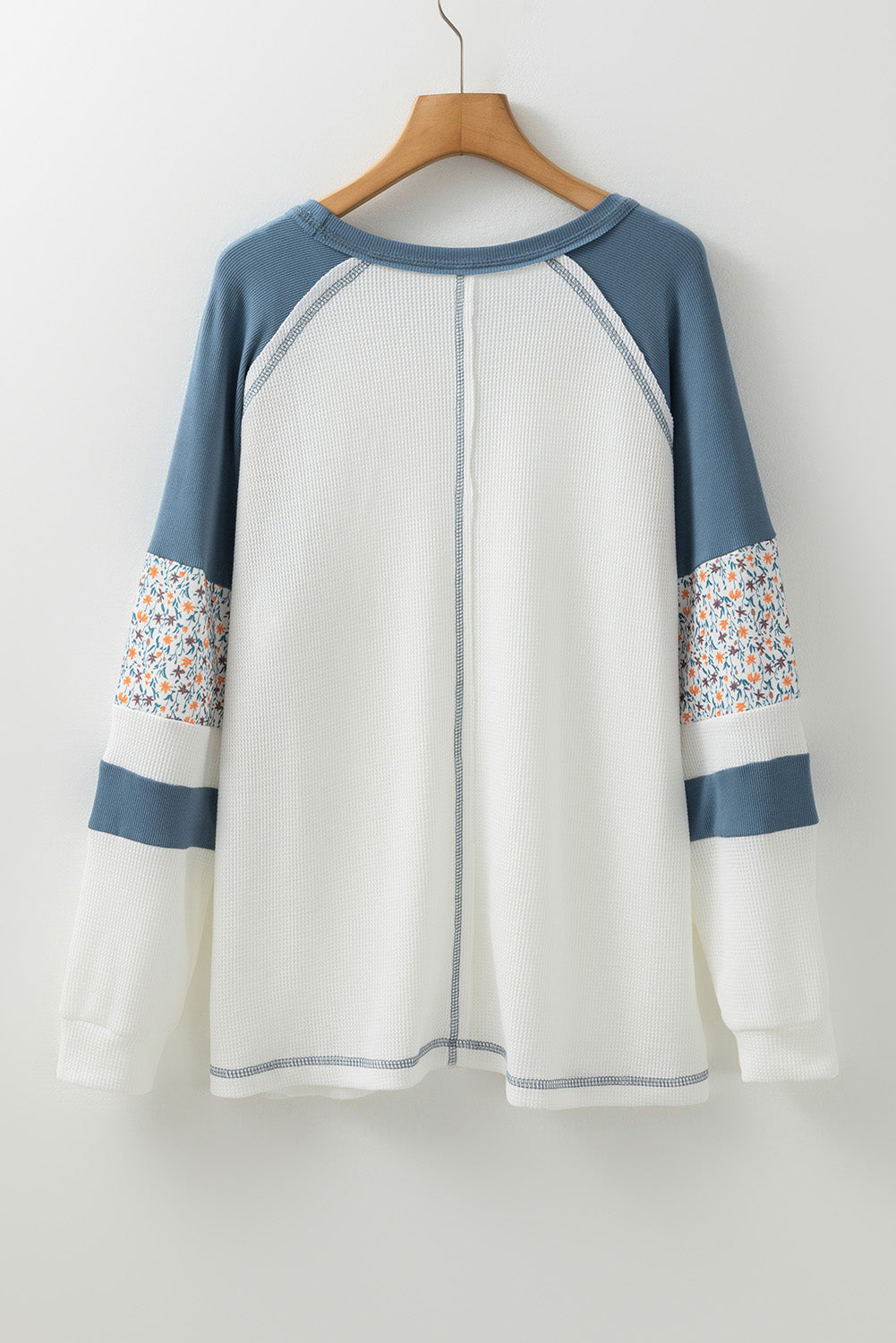 White Floral Patchwork Waffle Knit Raglan Women's Top