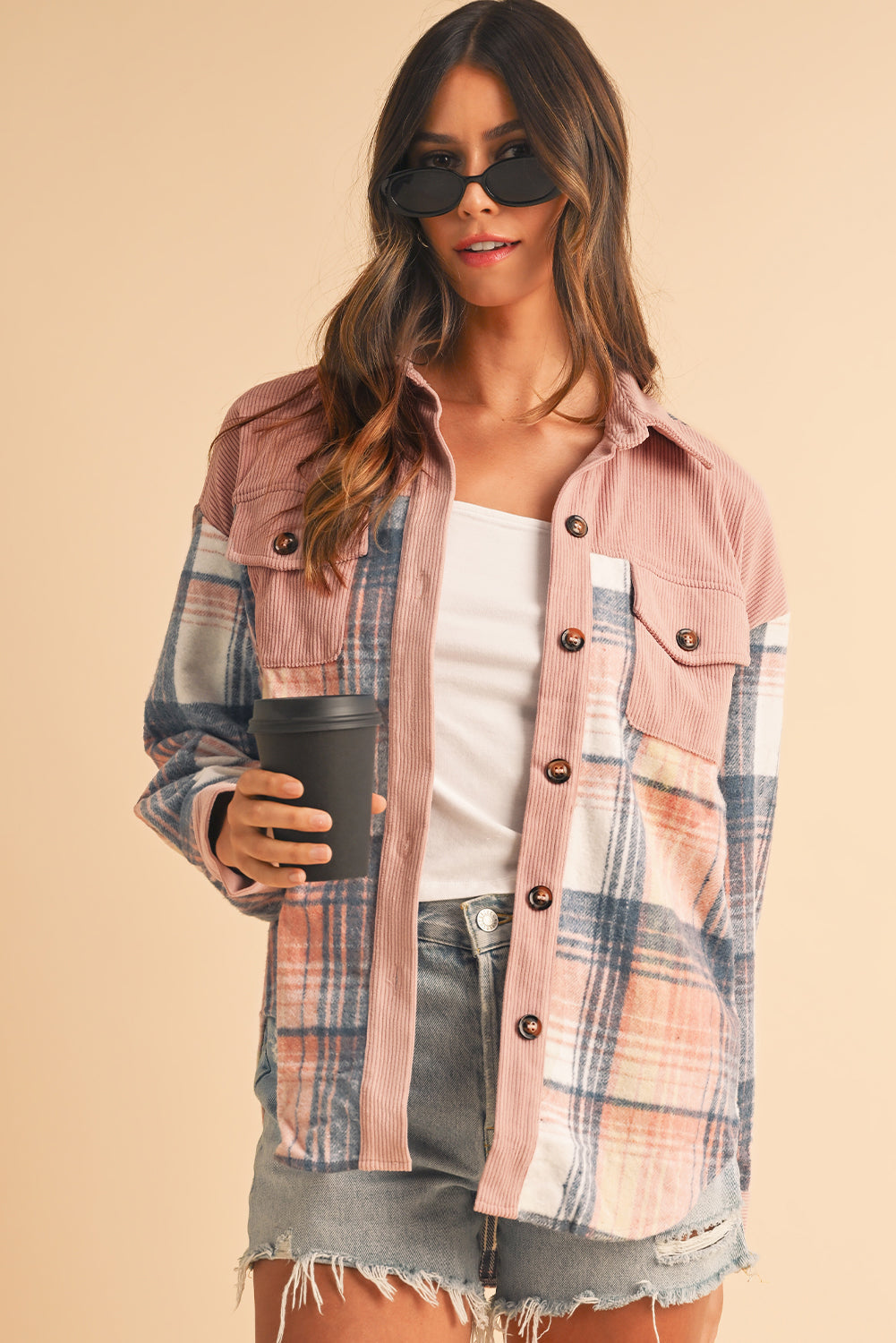 Cinnamon Plaid Corduroy Shacket with Patchwork Pockets for Effortless Style