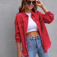 Distressed Drop Shoulder Fringe Denim Jacket Cotton Blend