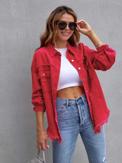 Distressed Drop Shoulder Fringe Denim Jacket Cotton Blend