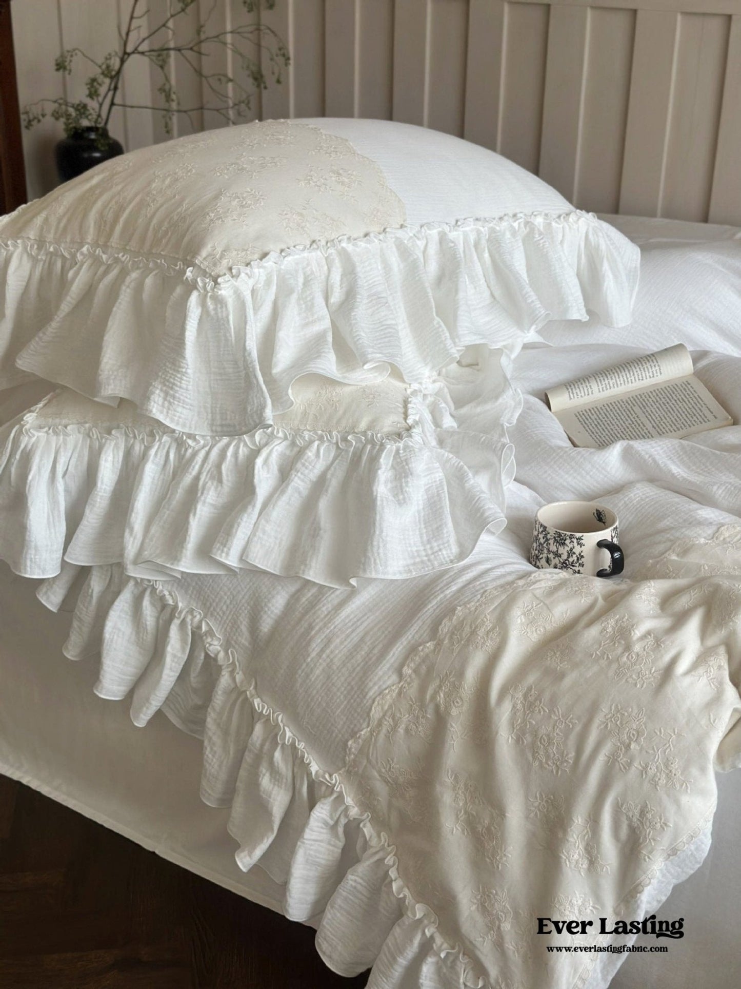 Celeste Soft Lace Embroidered Ruffle Bedding Set  / Coffee Brown