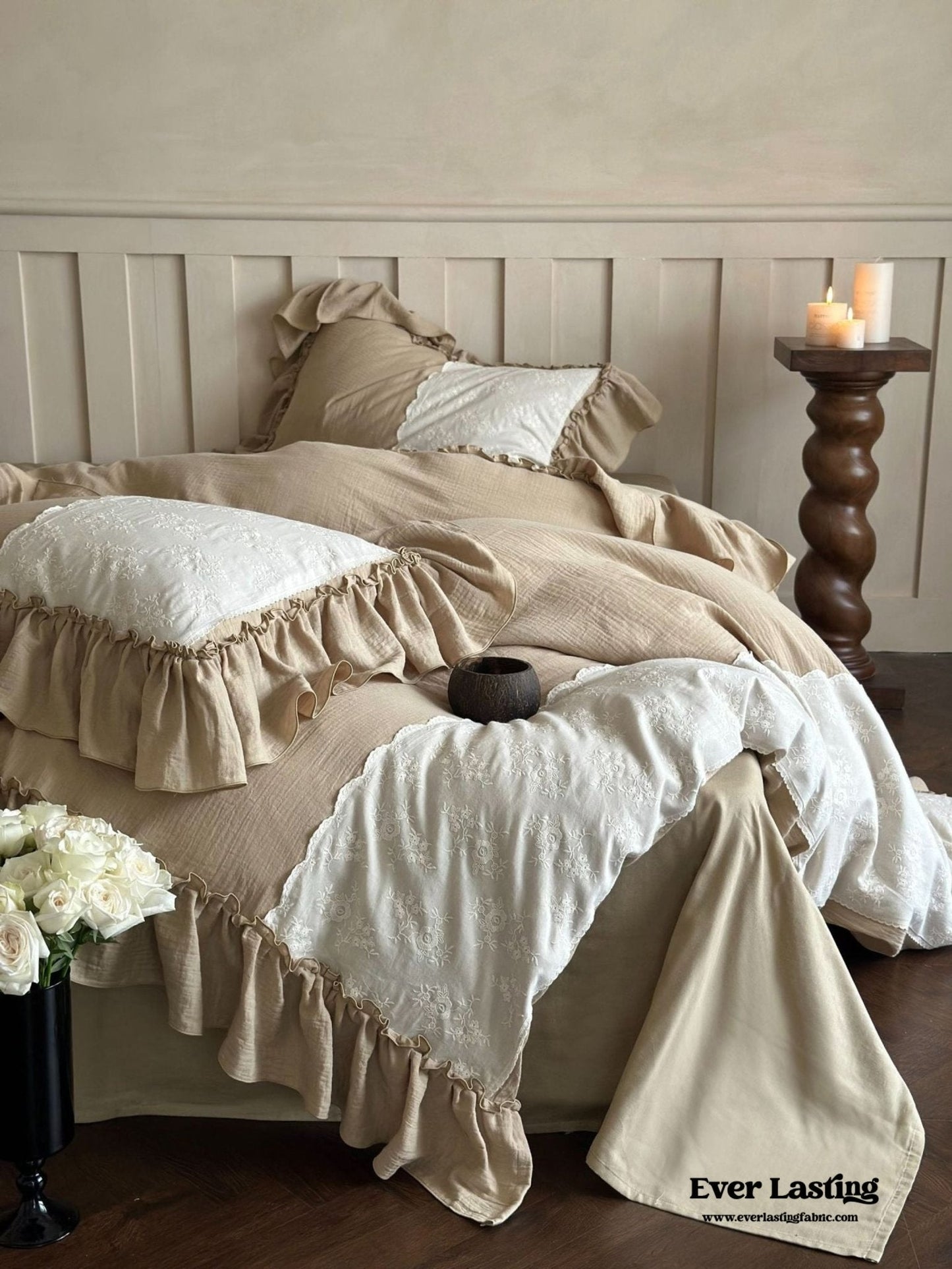 Celeste Soft Lace Embroidered Ruffle Bedding Set  / Olive Green