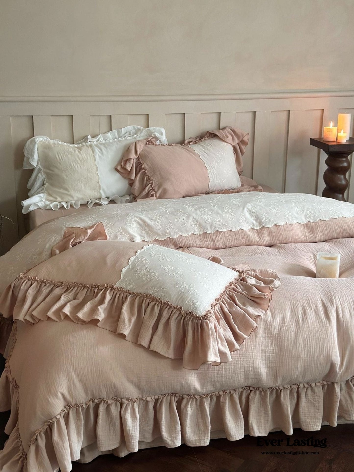 Celeste Soft Lace Embroidered Ruffle Bedding Set  / Olive Green