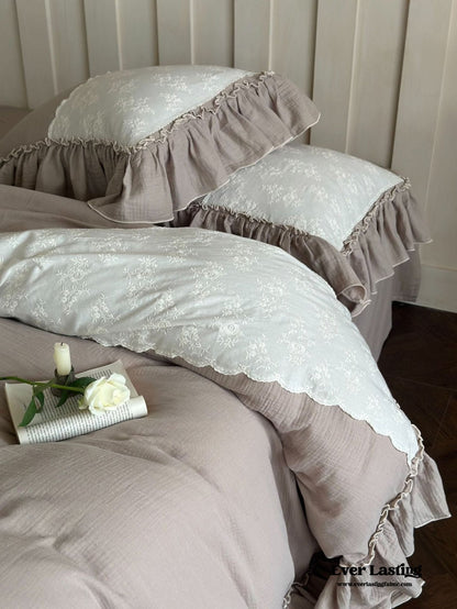 Celeste Soft Lace Embroidered Ruffle Bedding Set / White