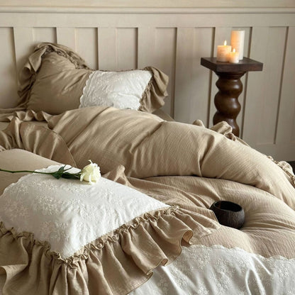 Celeste Soft Lace Embroidered Ruffle Bedding Set / White