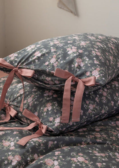 Celia Cottage Ribbon Bow Tie Floral Bedding Set / Rust Pink