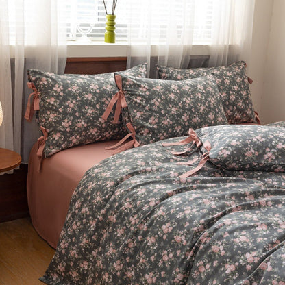 Celia Cottage Ribbon Bow Tie Floral Bedding Set / Blue