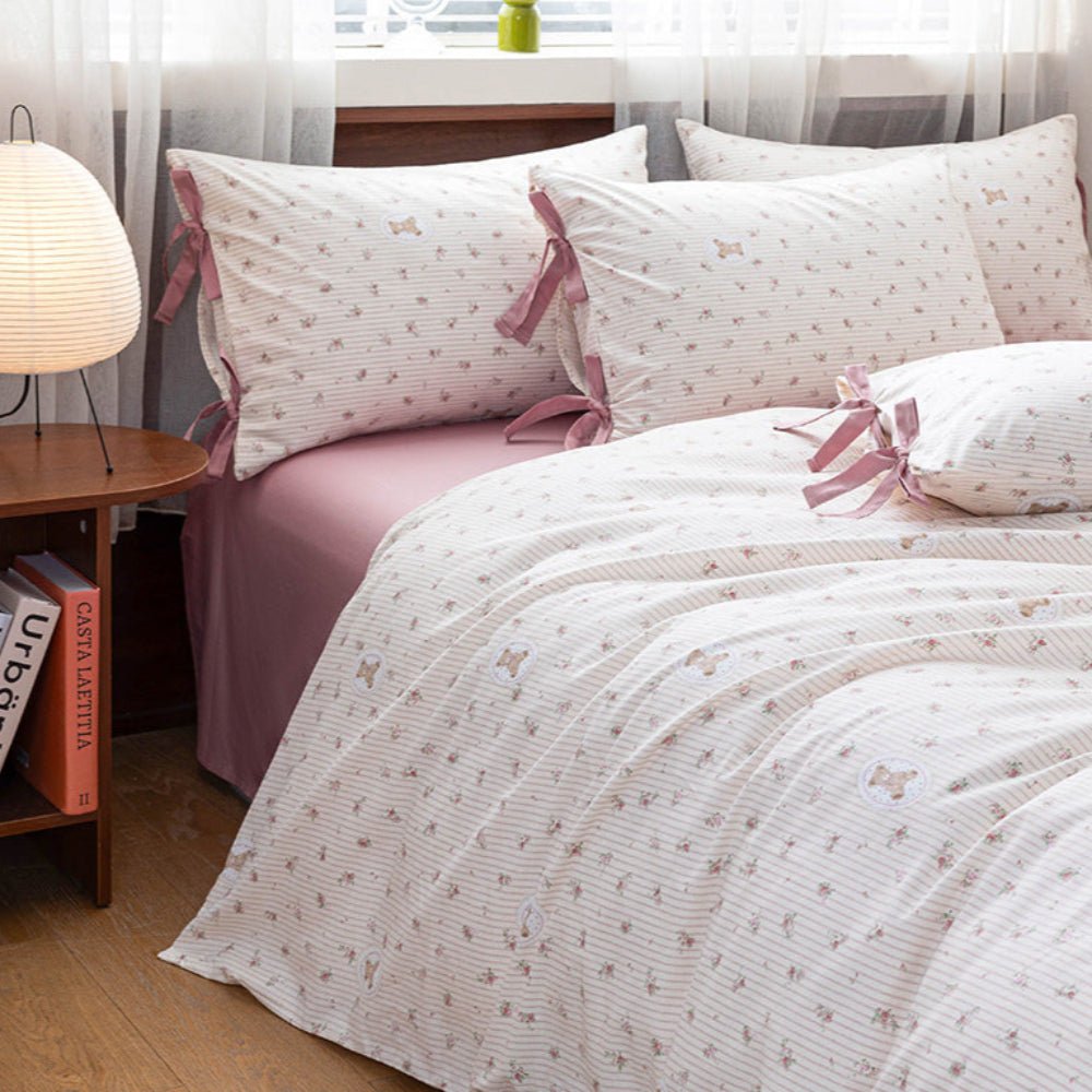 Celia Cottage Ribbon Bow Tie Floral Bedding Set / Rust Pink