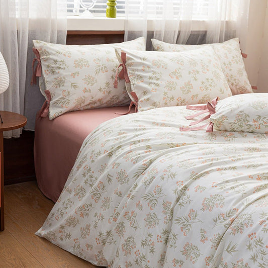 Celia Cottage Ribbon Bow Tie Floral Bedding Set / Rust Pink