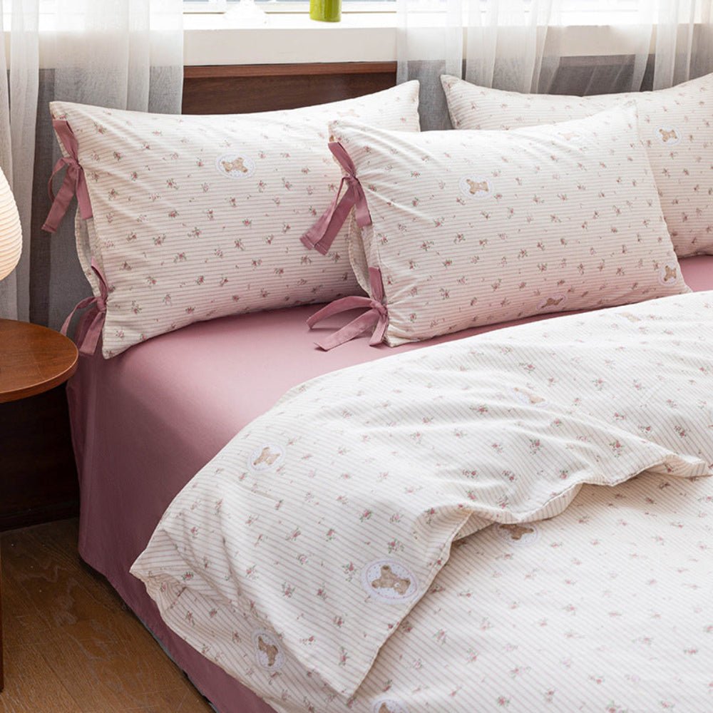 Celia Cottage Ribbon Bow Tie Floral Bedding Set / Rust Pink